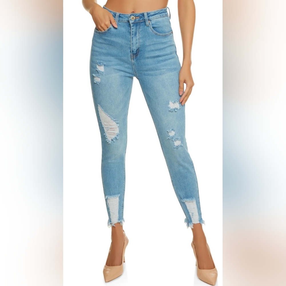 Wax Light Wash Distressed Frayed Hem Skinny Jeans